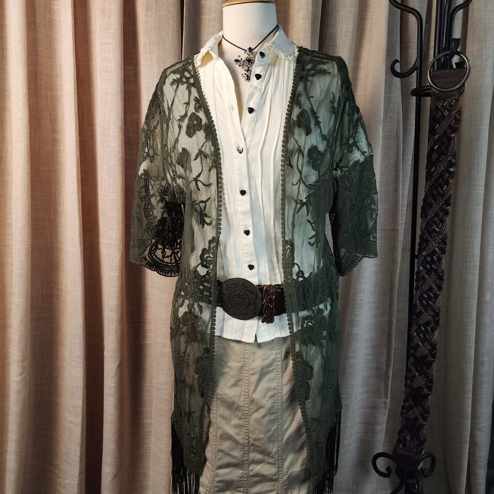 Jody California Women S/M Olive Green Floral Embroidered Fringe Kimono Cardigan